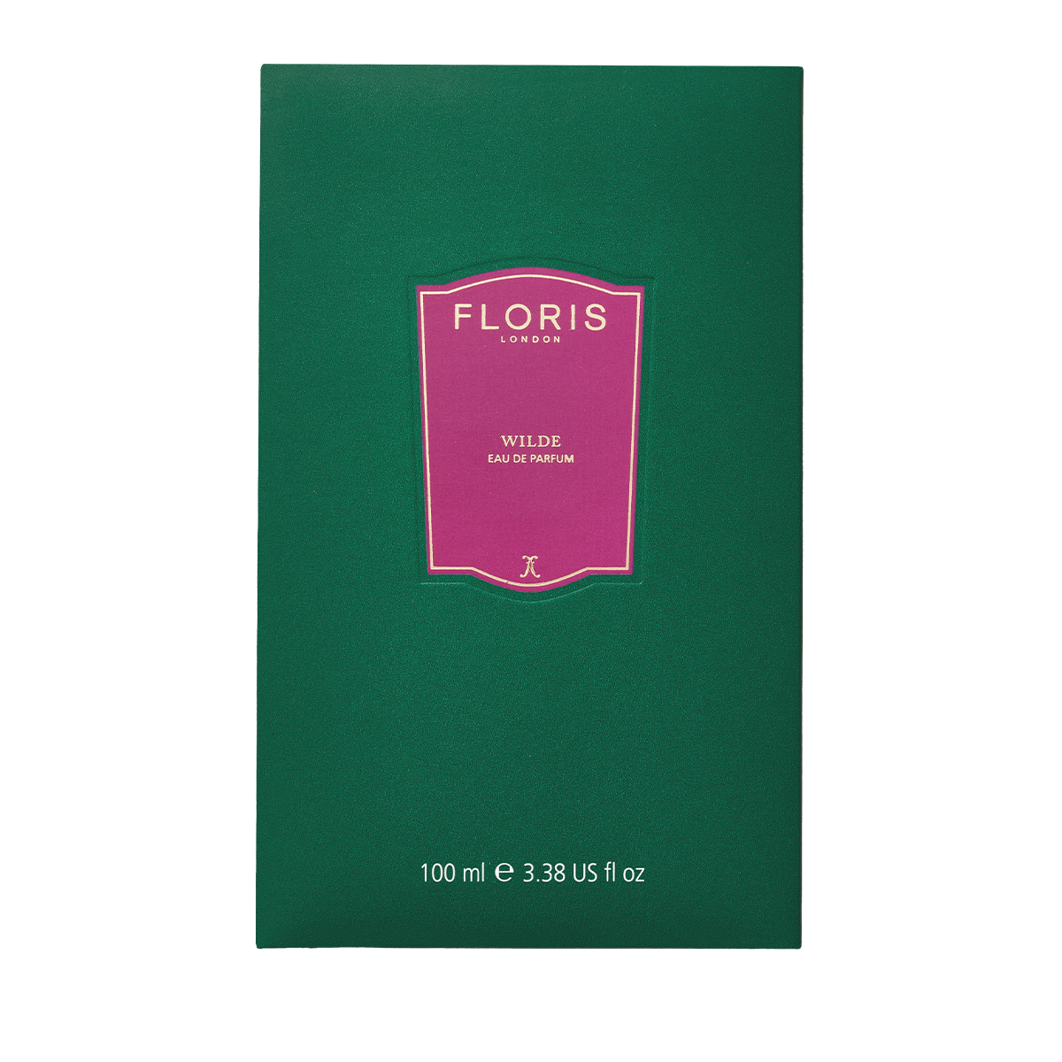 A green box of Floris London EU Wilde - Eau de Parfum with a pink label, white text, and 100 ml (3.38 US fl oz) of fragrance inside.