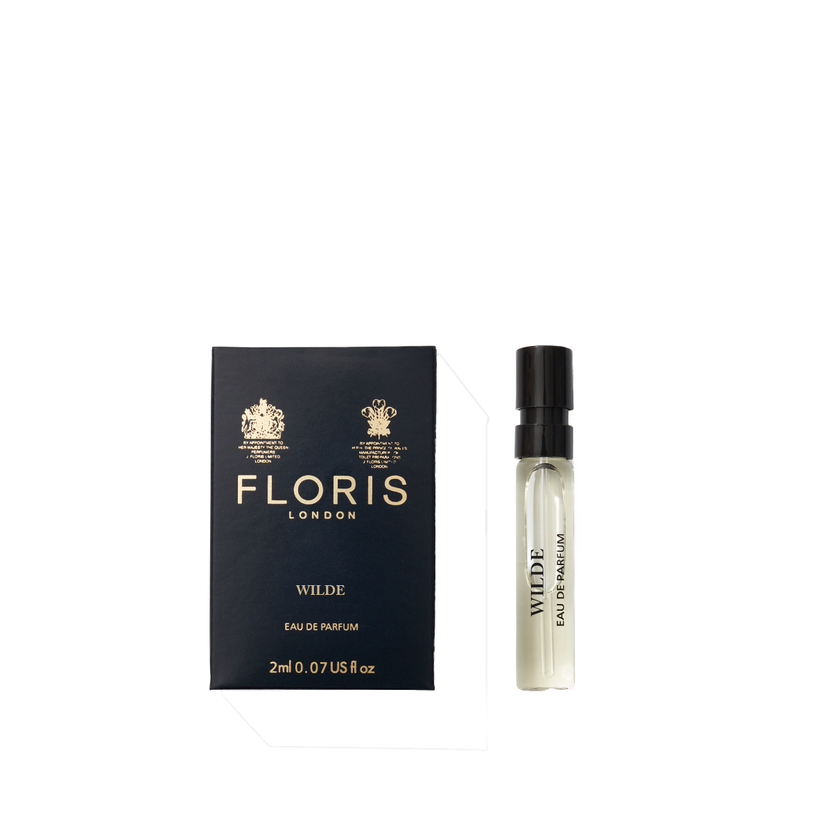 A 2ml sample of Floris London EU Wilde - Eau de Parfum sits next to its dark blue box with gold lettering on a plain white background.
