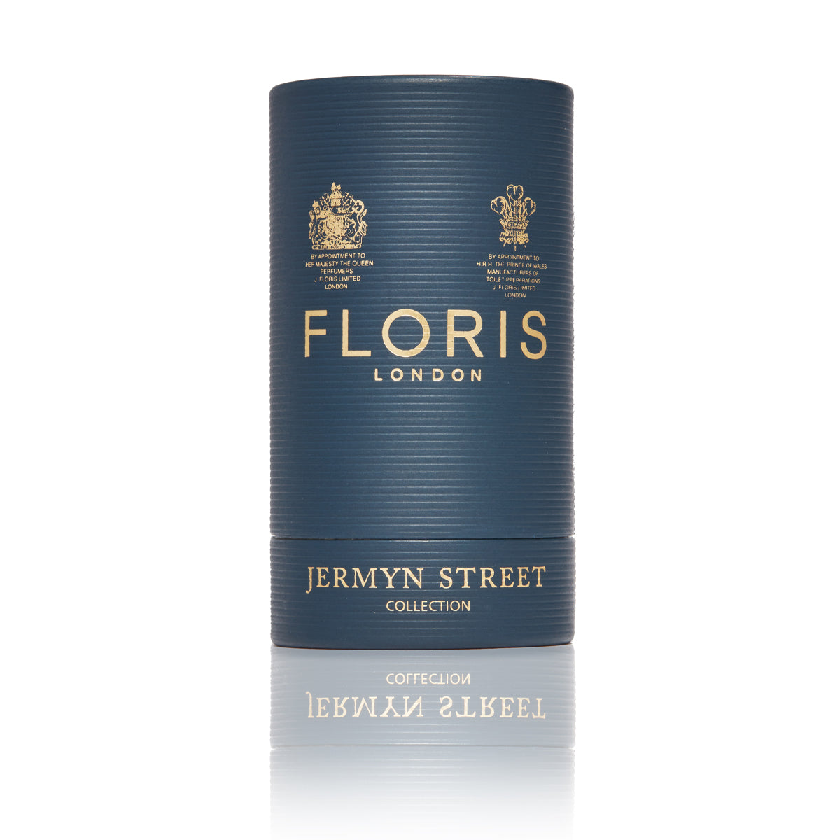 Medium Round navy box with gold writing containing Jermyn Street Collection