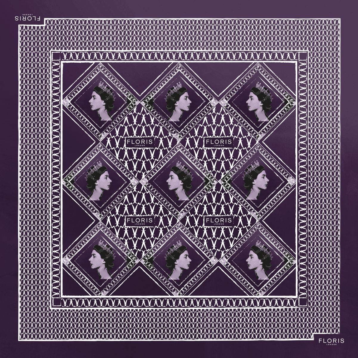 Platinum jubilee purple scarf printed with Her majesty the Queen image and Floris london name.