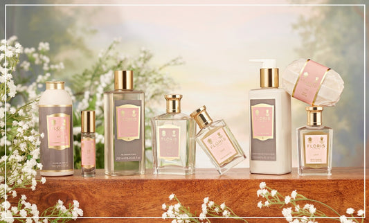 The Lily collection from Floris London, all Lily products lined up in a row.