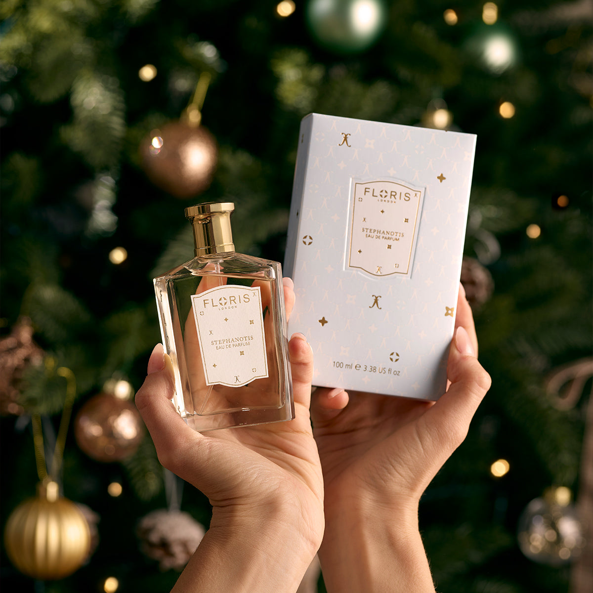 Hands holding a bottle of Stephanotis - Eau de Parfum | Limited Edition by Floris London EU and its matching box, set against a background featuring a decorated Christmas tree.