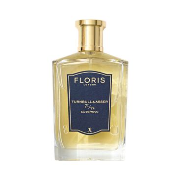 A clear glass bottle of Floris London 71/72 Eau de Parfum, a bespoke fragrance inspired by Jermyn Street and men's fashion.