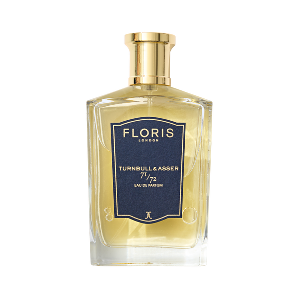 A bottle of Floris London 71/72 Eau de Parfum with a vegan formula, featuring a gold cap and navy label.
