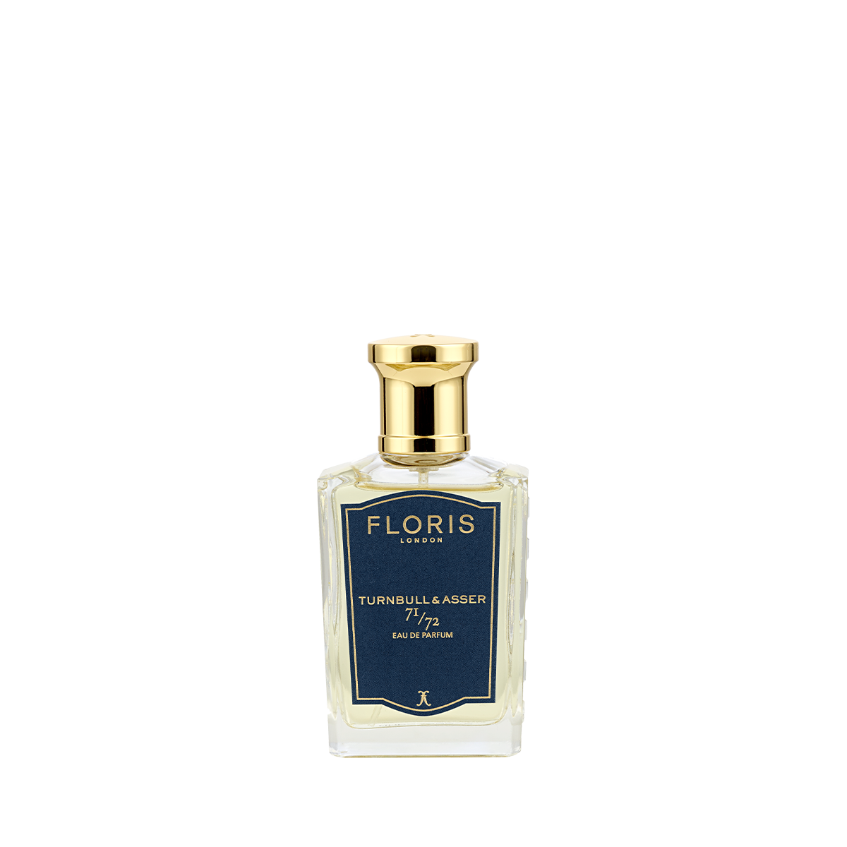 A rectangular bottle of Floris London 71/72 - Eau de Parfum, with a gold cap and blue label, set against a plain white background.