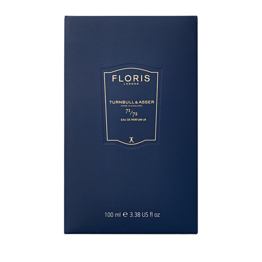 A navy blue rectangular box labeled "Floris London 71/72 - Eau de Parfum," a bespoke fragrance inspired by Jermyn Street men's style.