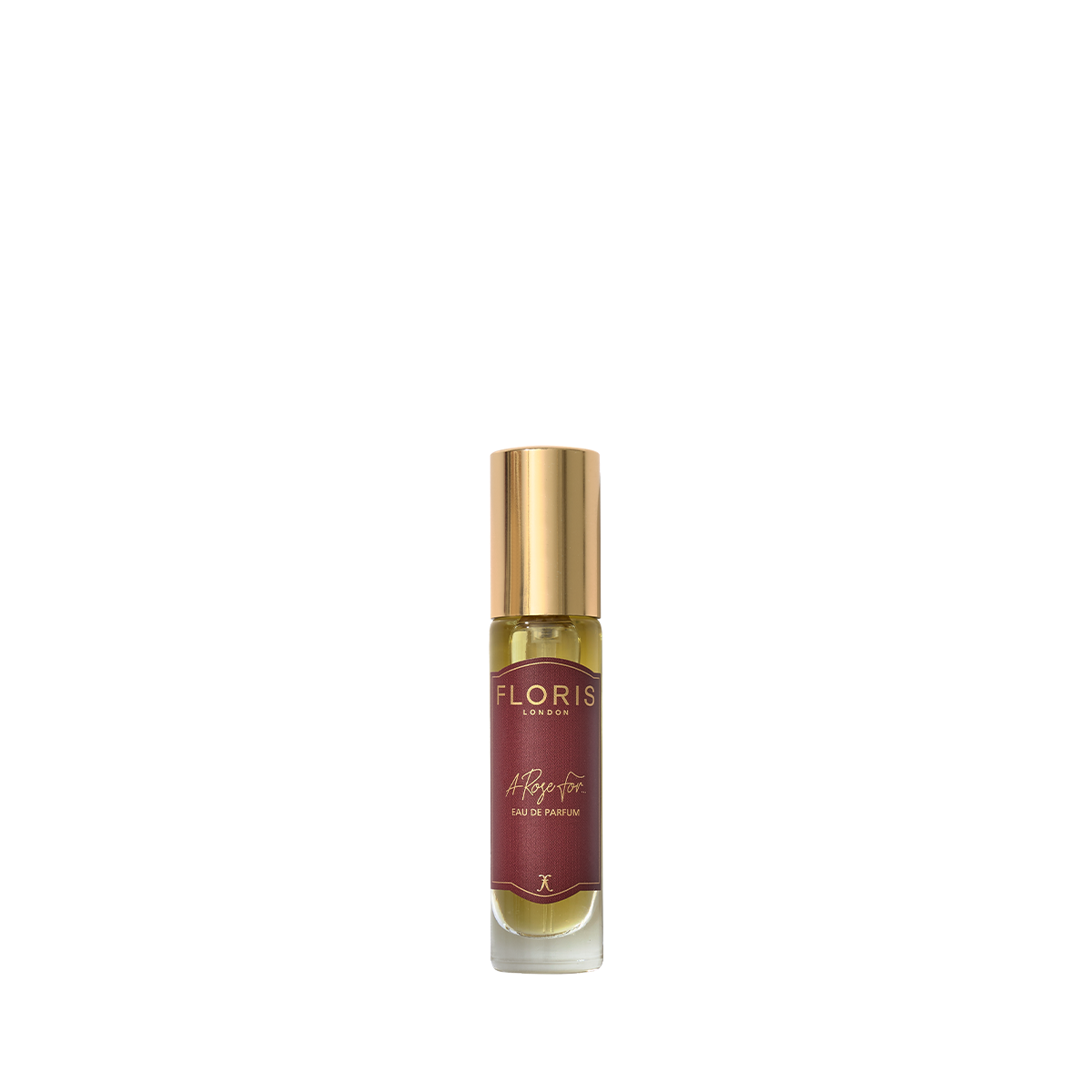 A small glass bottle of Floris London A Rose For... Eau de Parfum with a gold cap and red label, shown against a plain white background.