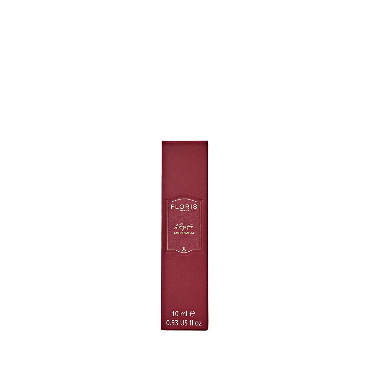 A red rectangular box of Floris London A Rose For... Eau de Parfum (10 ml), an oriental rose scent, stands upright against a plain white background.
