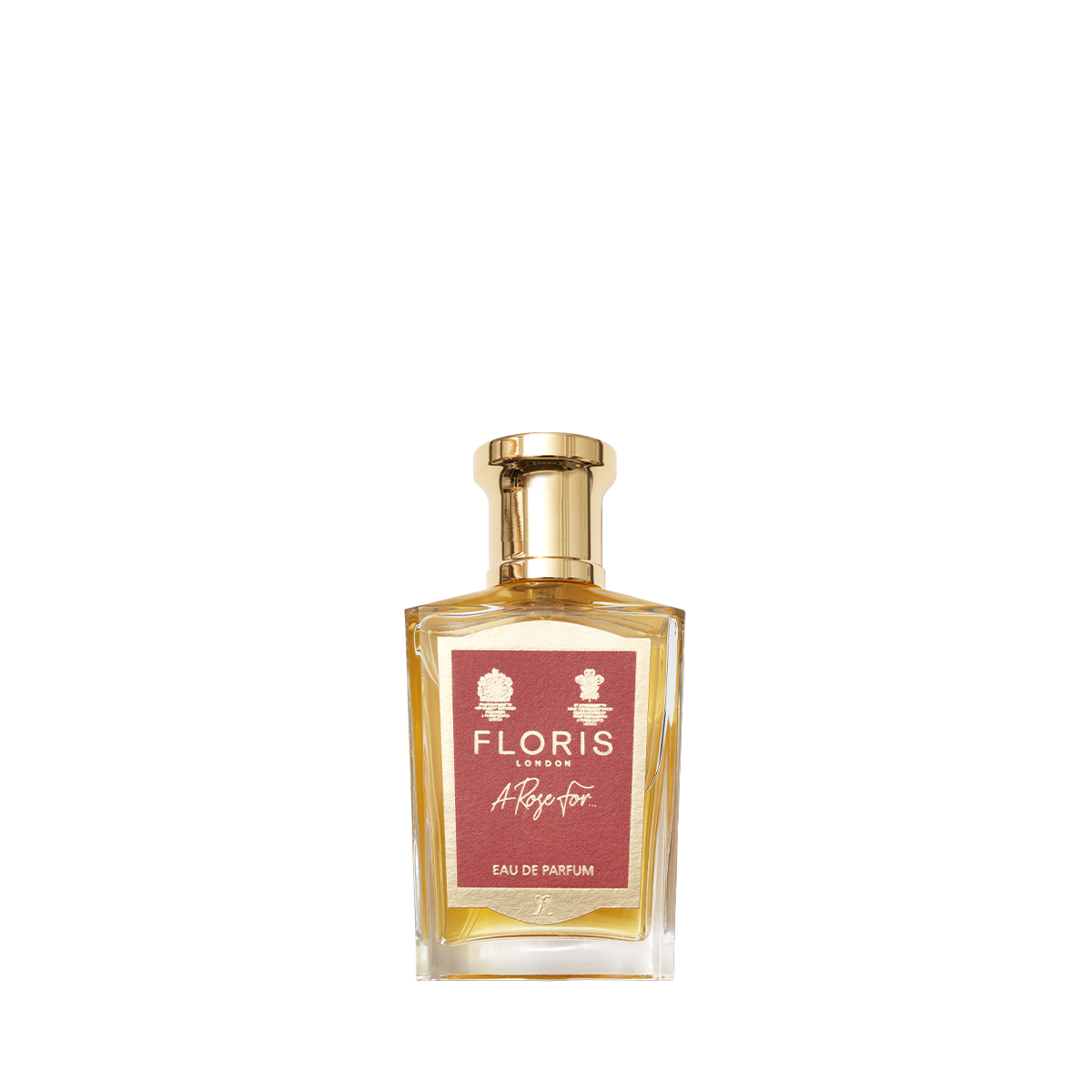 A glass bottle of Floris London A Rose For... Eau de Parfum, featuring a gold cap and pink label, set against a plain white background.