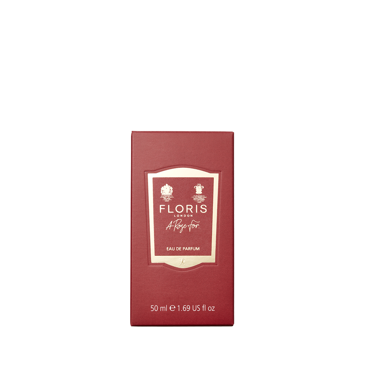 A red rectangular box of Floris London A Rose For... Eau de Parfum, 50ml, with a cream-gold label and white text, offers an oriental rose scent.