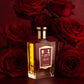 A bottle of Floris London’s A Rose For... Eau de Parfum stands upright amid red roses, embodying the allure of this oriental rose scent on a dark red background.