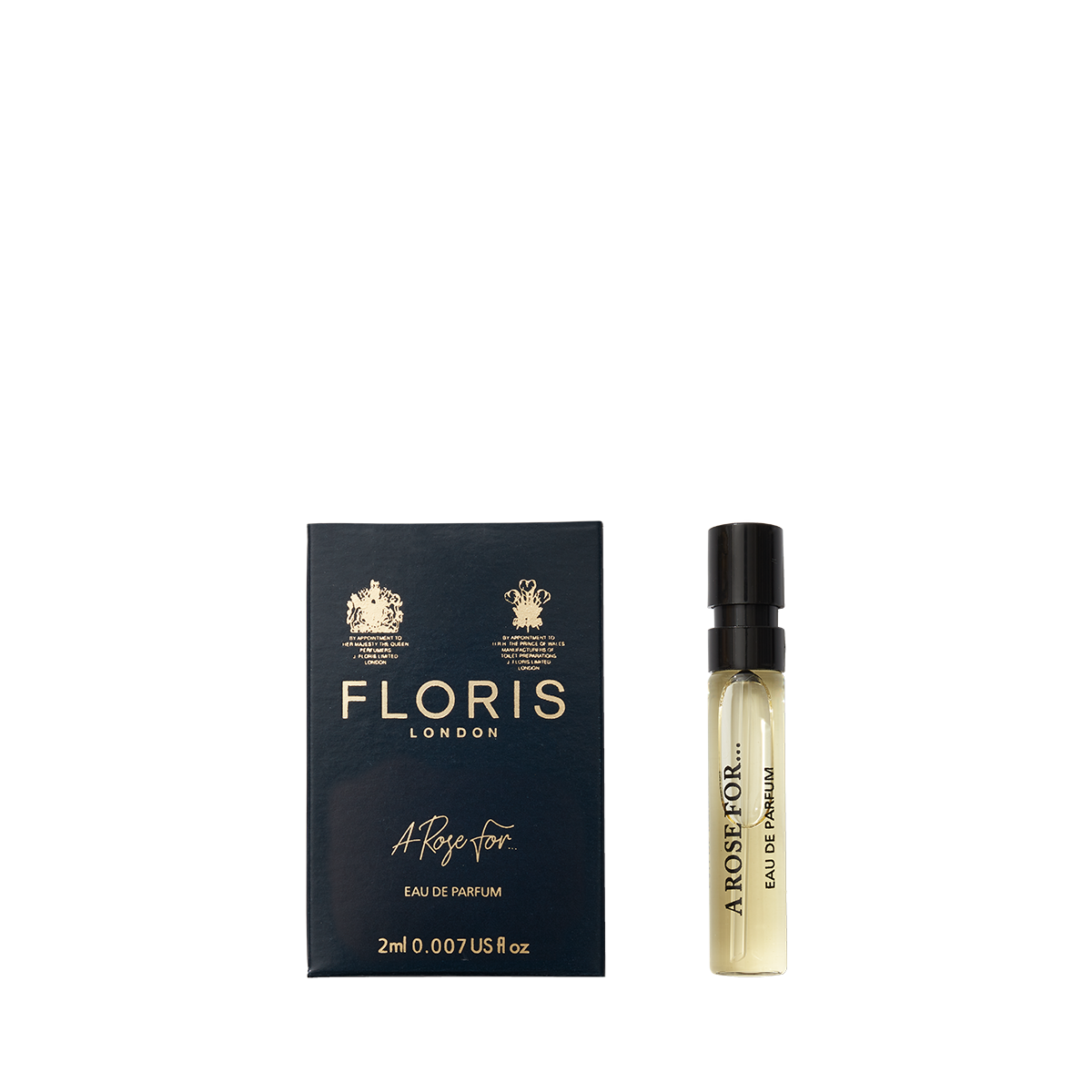 A 2ml Floris London A Rose For... Eau de Parfum sample vial is displayed next to its elegant dark blue and gold packaging.