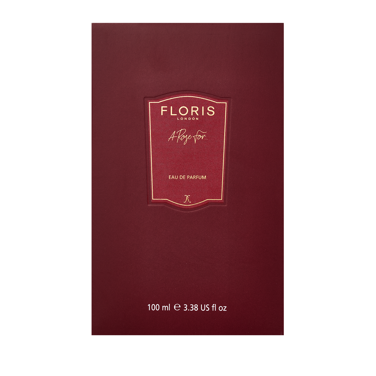 A burgundy Floris London A Rose For... - Eau de Parfum box with gold and white text, featuring a 100ml label—an elegant rose scent.