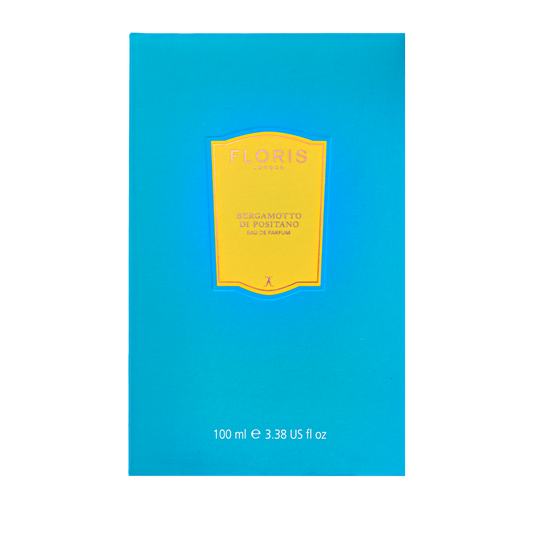 A turquoise Floris London box with a yellow label holds Bergamotto di Positano - Eau de Parfum, a fresh Mediterranean bergamot scent.