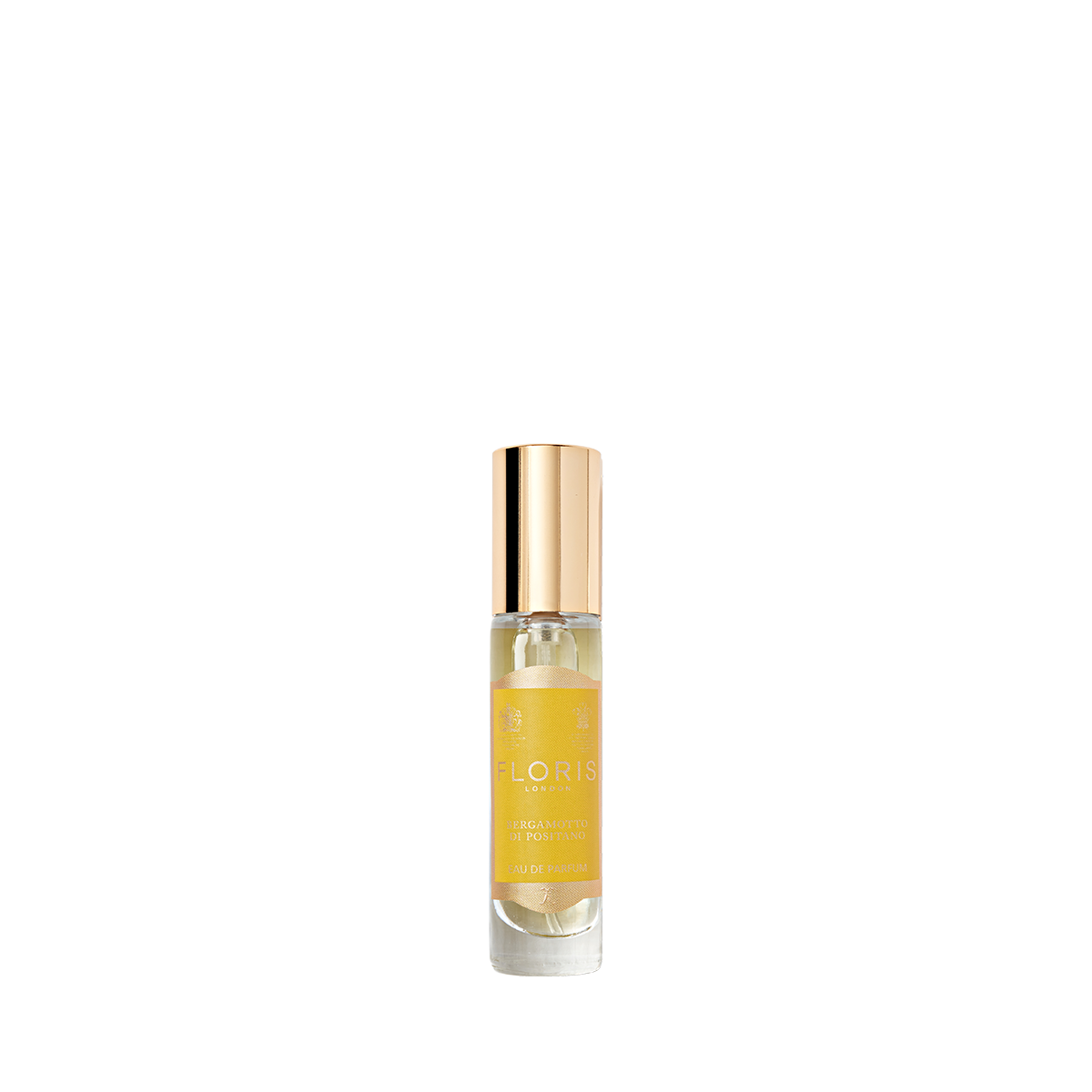 Clear glass bottle with a gold cap and a yellow label reads "Floris London," exuding an elegant fragrance of orange blossom. Product: Bergamotto di Positano.