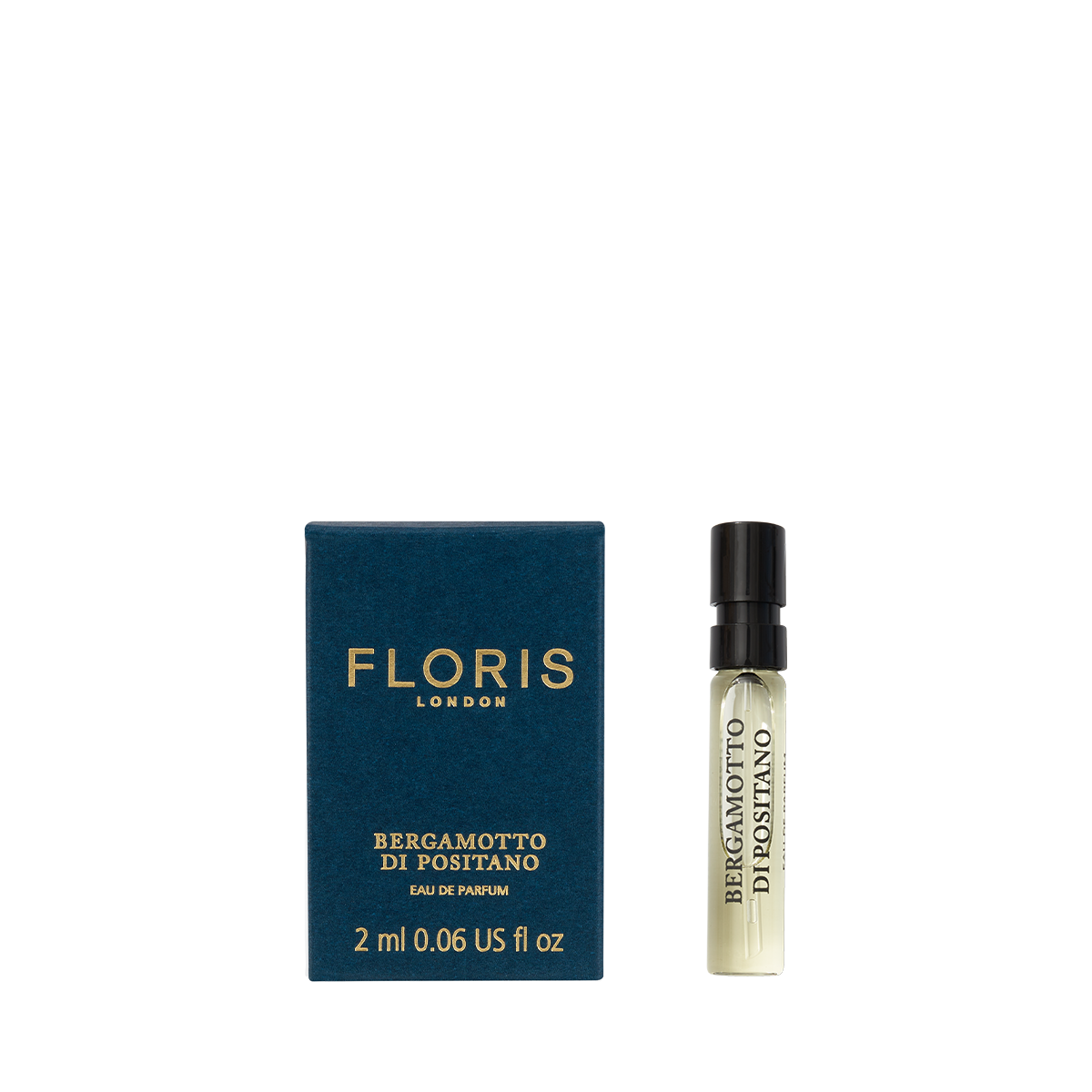 A blue Floris London Bergamotto di Positano - Eau de Parfum box stands beside a 2ml sample spray vial of this Mediterranean unisex fragrance.
