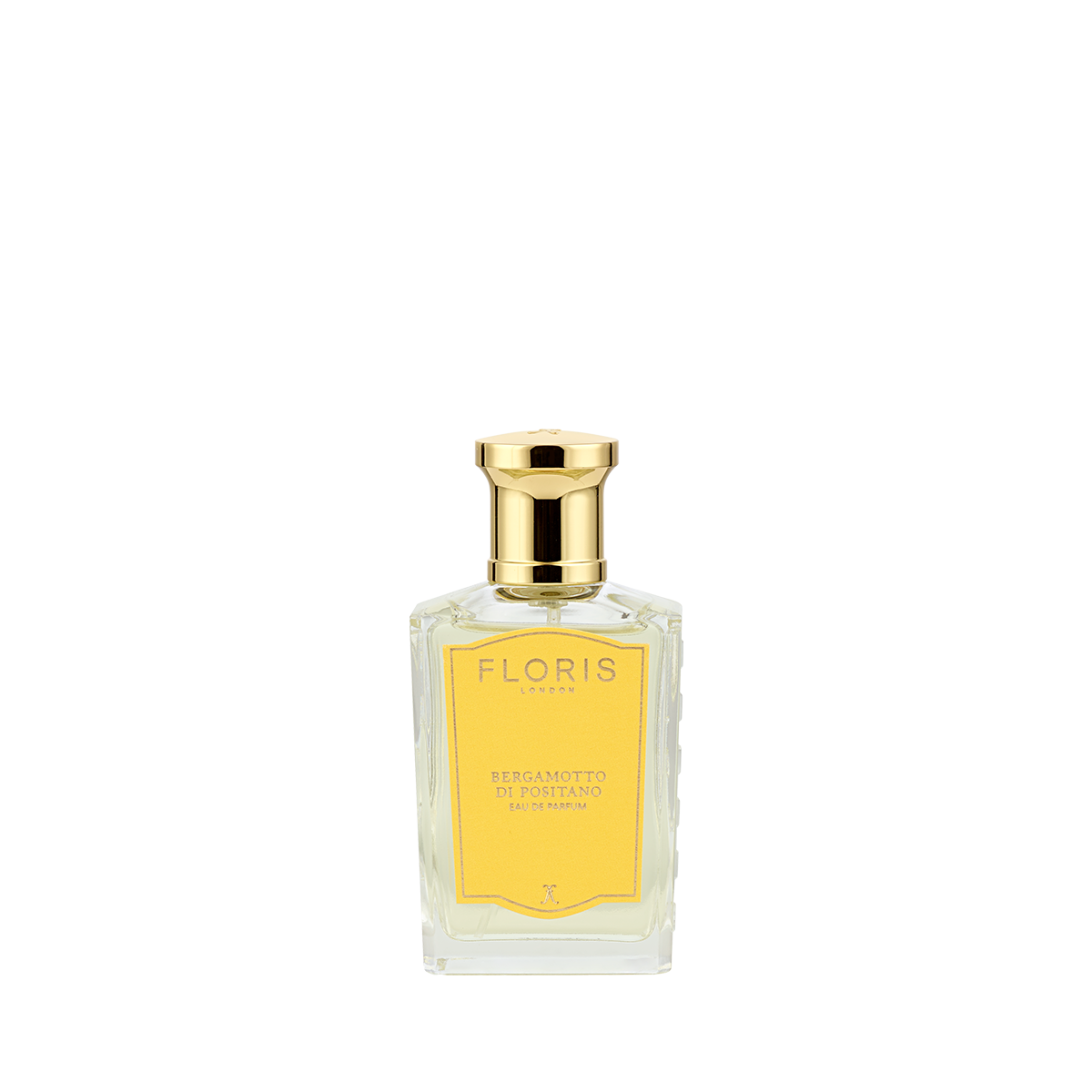 A clear glass bottle of Floris London Bergamotto di Positano Eau de Parfum, a Mediterranean scent with gold cap and yellow label, on white background.