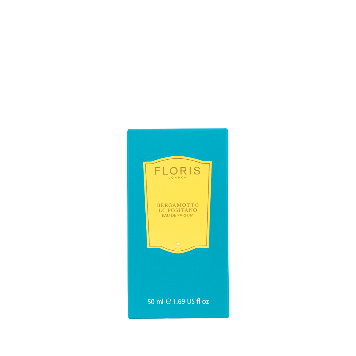 A turquoise box of Floris London Bergamotto di Positano Eau de Parfum, a Mediterranean unisex scent, 50 ml, with a yellow label.
