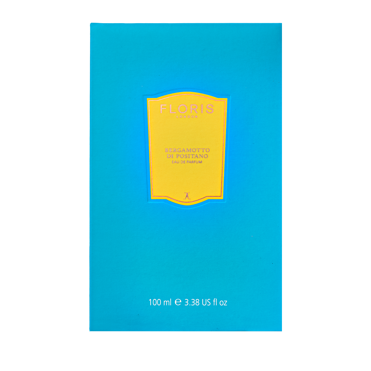 A blue perfume box with a yellow label reads "Floris London, Bergamotto di Positano - Eau de Parfum, 100 ml," featuring bergamot and orange blossom.