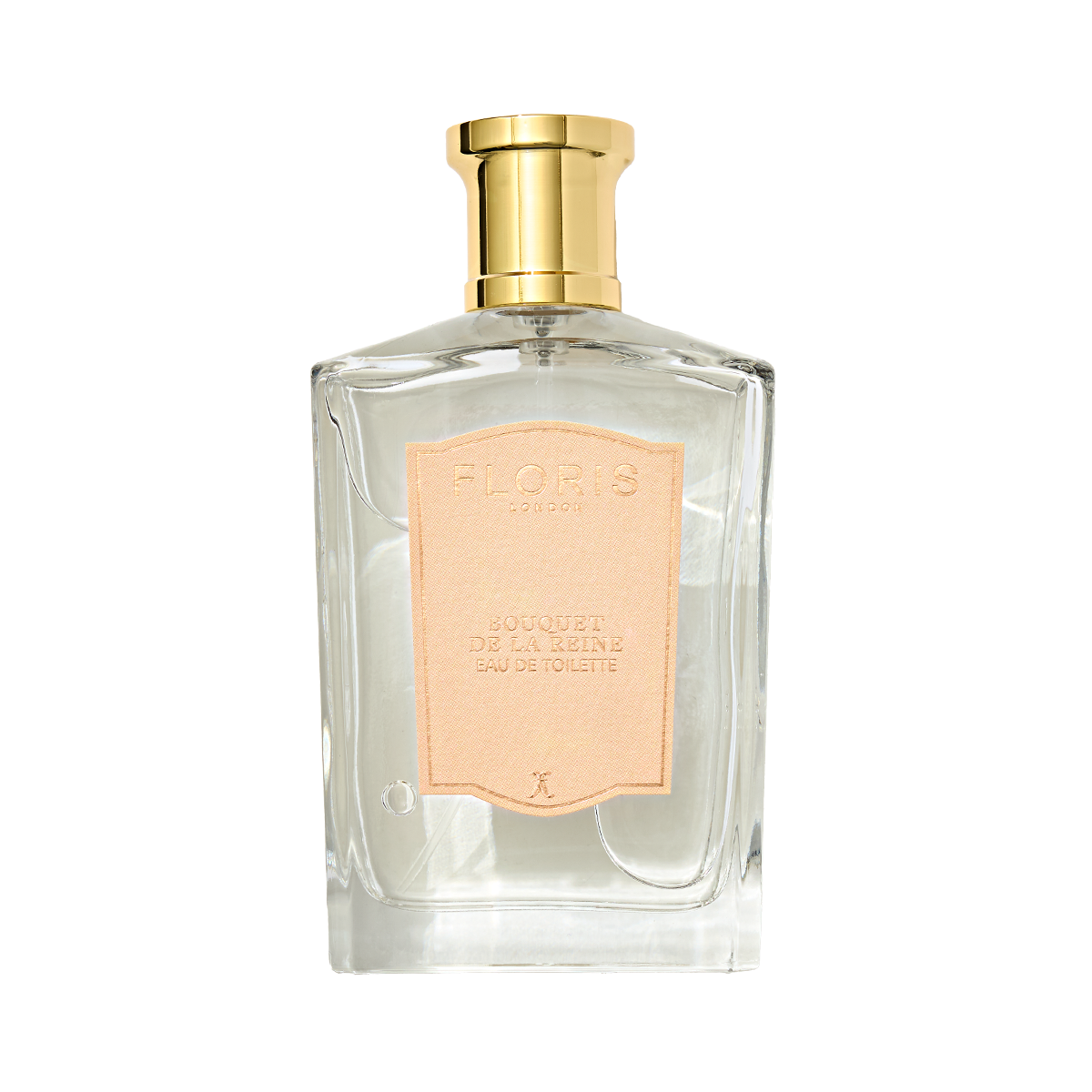 Clear glass bottle of Floris London "Bouquet de La Reine - Eau de Toilette" fruity floral perfume with a gold cap and pale pink label, exuding timeless beauty.