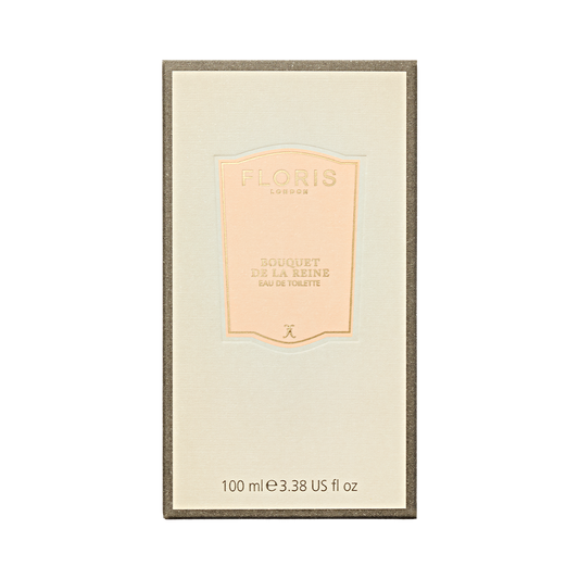 Beige "Floris London, Bouquet de La Reine - Eau de Toilette" box, 100 ml, with a floral heart and fruity effervescence.
