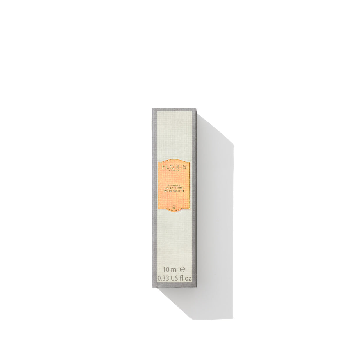 A rectangular 10 ml package of Bouquet de La Reine - Eau de Toilette by Floris London, featuring a light green label with a shadow on a white background, exudes a floral heart with hints of violet leaf.