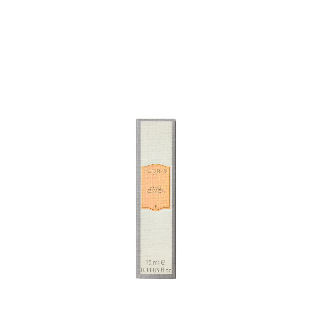 A rectangular box of Floris London "Bouquet de La Reine - Eau de Toilette," 10 ml, features a beige and orange design inspired by timeless beauty.