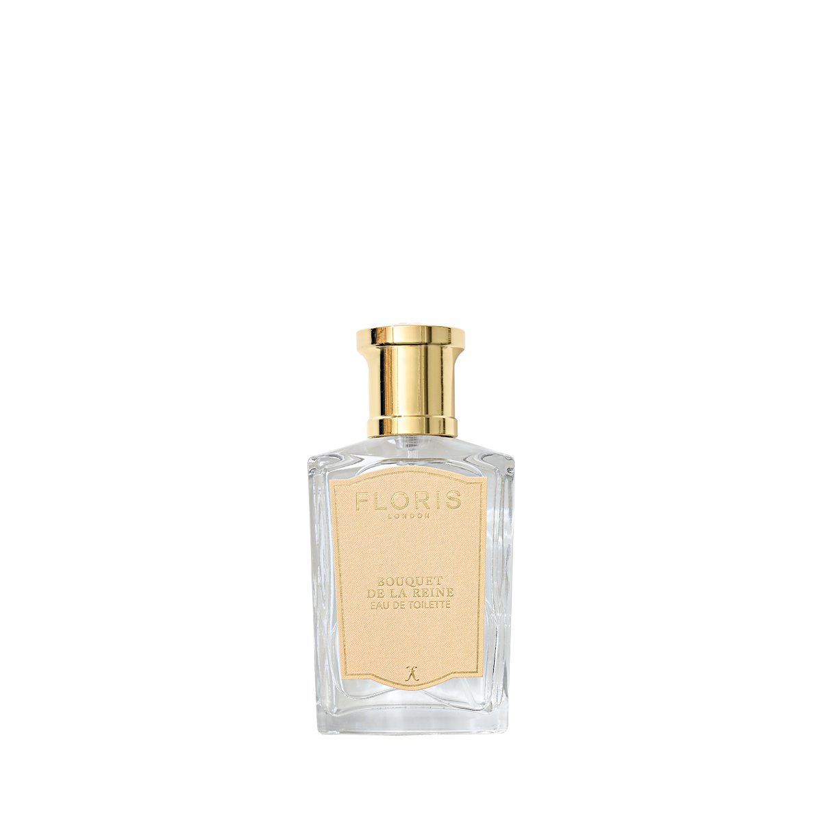 A clear glass bottle of Floris London Bouquet de La Reine Eau de Toilette, featuring a gold cap and beige label, set against a white background.