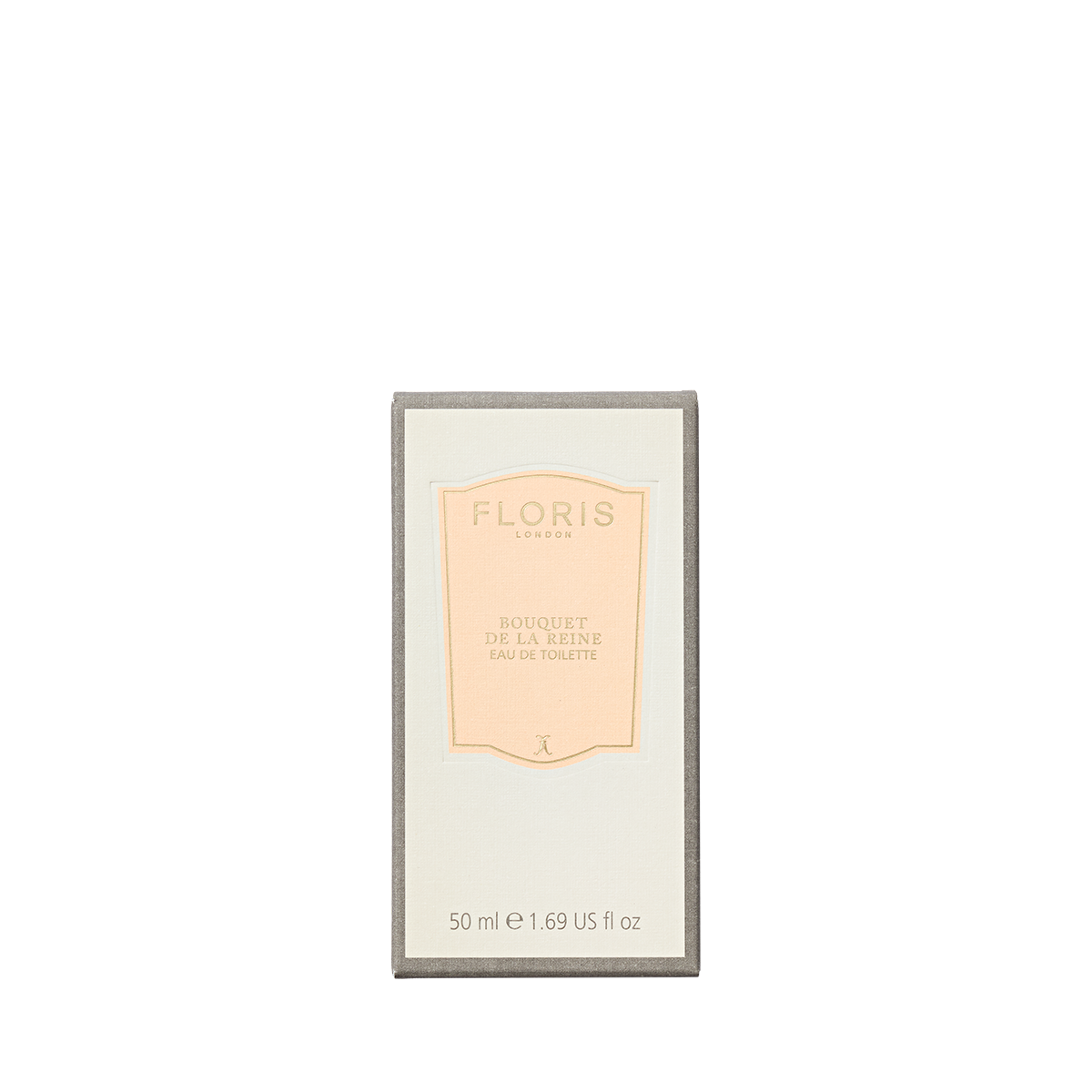 A 50 ml bottle of Floris London Bouquet de La Reine Eau de Toilette, a fruity floral perfume with a light peach label on cream and grey.