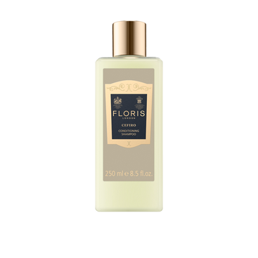A 250ml bottle of Floris London Cefiro Conditioning Shampoo with Pro-Vitamin B5, gold cap, and beige label on a plain white background.