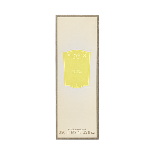 Rectangular box of Floris London Cefiro Conditioner, 250 ml / 8.45 US fl oz, with cream and yellow design—ideal for scalp care and hair hydration.
