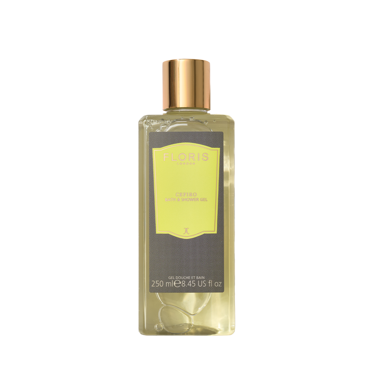A clear 250ml Floris London Cefiro Moisturising Bath & Shower Gel with gold cap, yellow label, and citrus scent.