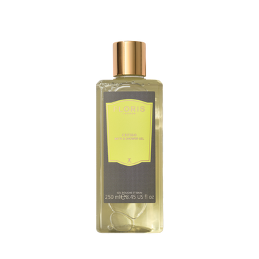 A clear 250ml Floris London Cefiro Moisturising Bath & Shower Gel with gold cap, yellow label, and citrus scent.