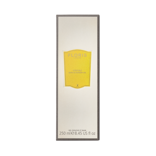 A rectangular box of Floris London Cefiro - Moisturising Bath & Shower Gel, 250ml, with a citrus scent and yellow label on cream for a luxe experience.