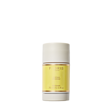 A yellow and white Floris London Cefiro Deodorant Stick, 75 ml, is shown upright on a white background—antibacterial and ideal for sensitive skin.