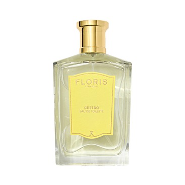 A clear glass bottle of Floris London Cefiro – Eau de Toilette with a gold cap and yellow label, featuring a unisex citrus fragrance.
