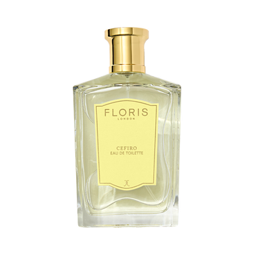 A clear glass bottle of Floris London Cefiro - Eau de Toilette, a fresh floral fragrance with woody and musky notes, stands against a plain background.