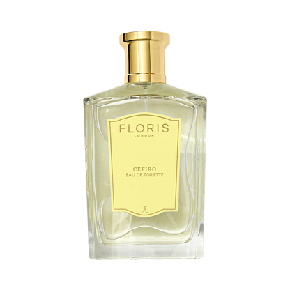 A clear glass bottle of Floris London Cefiro - Eau de Toilette, a fresh floral fragrance with woody and musky notes, stands against a plain background.