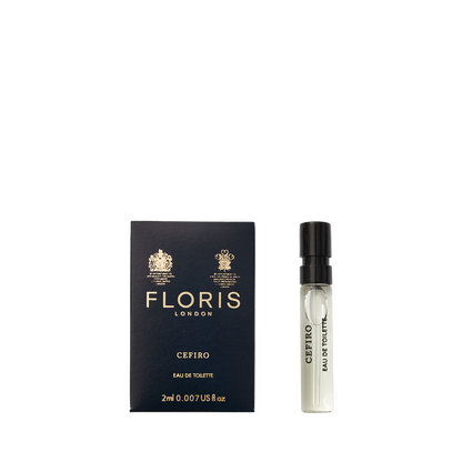 A 2ml sample vial of Floris London Cefiro - Eau de Toilette is pictured beside its packaging, highlighting this unisex citrus fragrance.