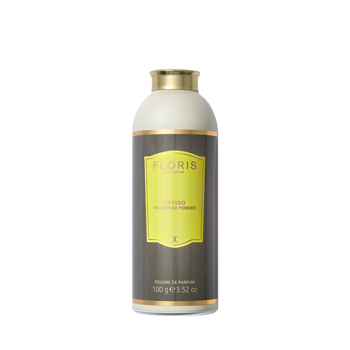 Floris London EU Cefiro - Fragrance Powder, 100g, unisex citrus floral scent, features a gold cap, yellow label, and comes on a gray background.