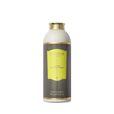 Floris London EU Cefiro - Fragrance Powder, 100g, unisex citrus floral scent, features a gold cap, yellow label, and comes on a gray background.