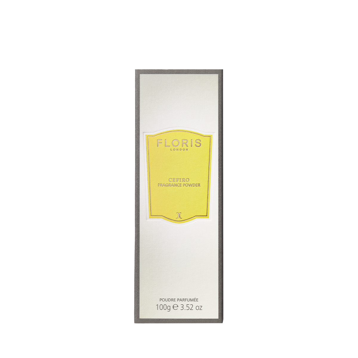 A 100g rectangular box of Floris London EU Cefiro - Fragrance Powder, with a yellow label and a unisex citrus floral scent.