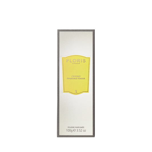 A 100g rectangular box of Floris London EU Cefiro - Fragrance Powder, with a yellow label and a unisex citrus floral scent.