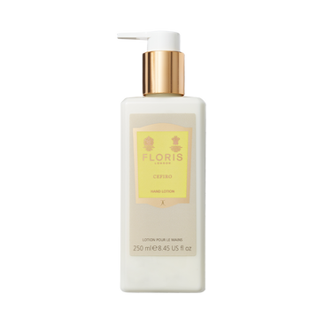 A rectangular white Floris London Cefiro - Luxury Hand Lotion, 250ml, with sweet almond oil, gold pump, and yellow label.