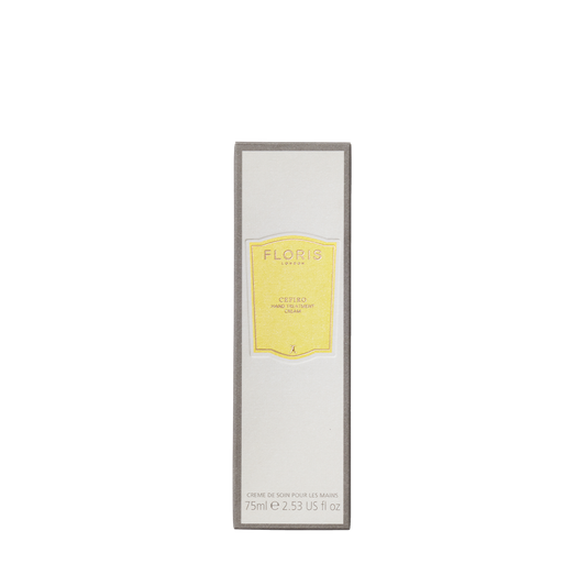 Floris London Cefiro - Hand Treatment Cream, 75ml, in a rectangular box with a yellow label—ideal hand lotion for dry hands.