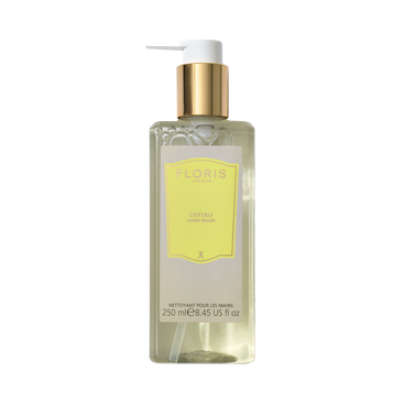 A 250ml clear pump bottle of Floris London Cefiro - Luxury Hand Wash with a citrus floral scent, gold dispenser, and yellow label.