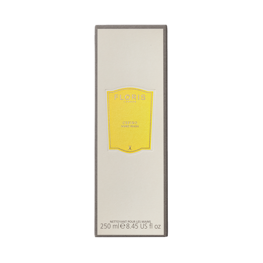 A rectangular bottle of Floris London Cefiro Luxury Hand Wash, citrus floral scented with yellow details, contains 250ml (8.45 US fl oz).