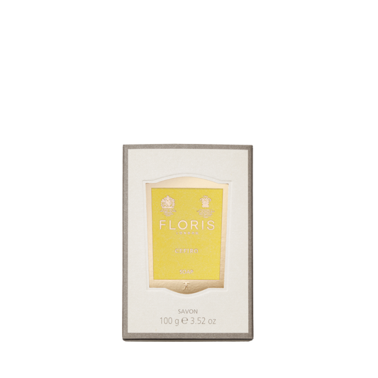 Floris London Cefiro Soap, 100g, features a citrus scent and yellow label in a light-colored box with a gray border.
