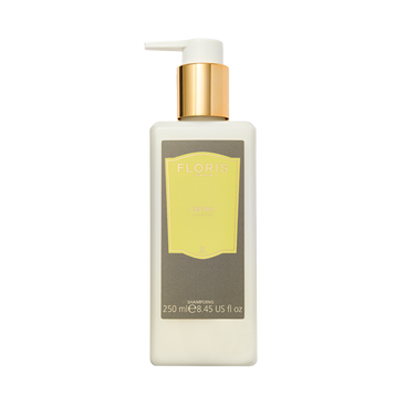 A 250ml rectangular Floris London Cefiro Conditioning Shampoo bottle with a gold pump and yellow label.