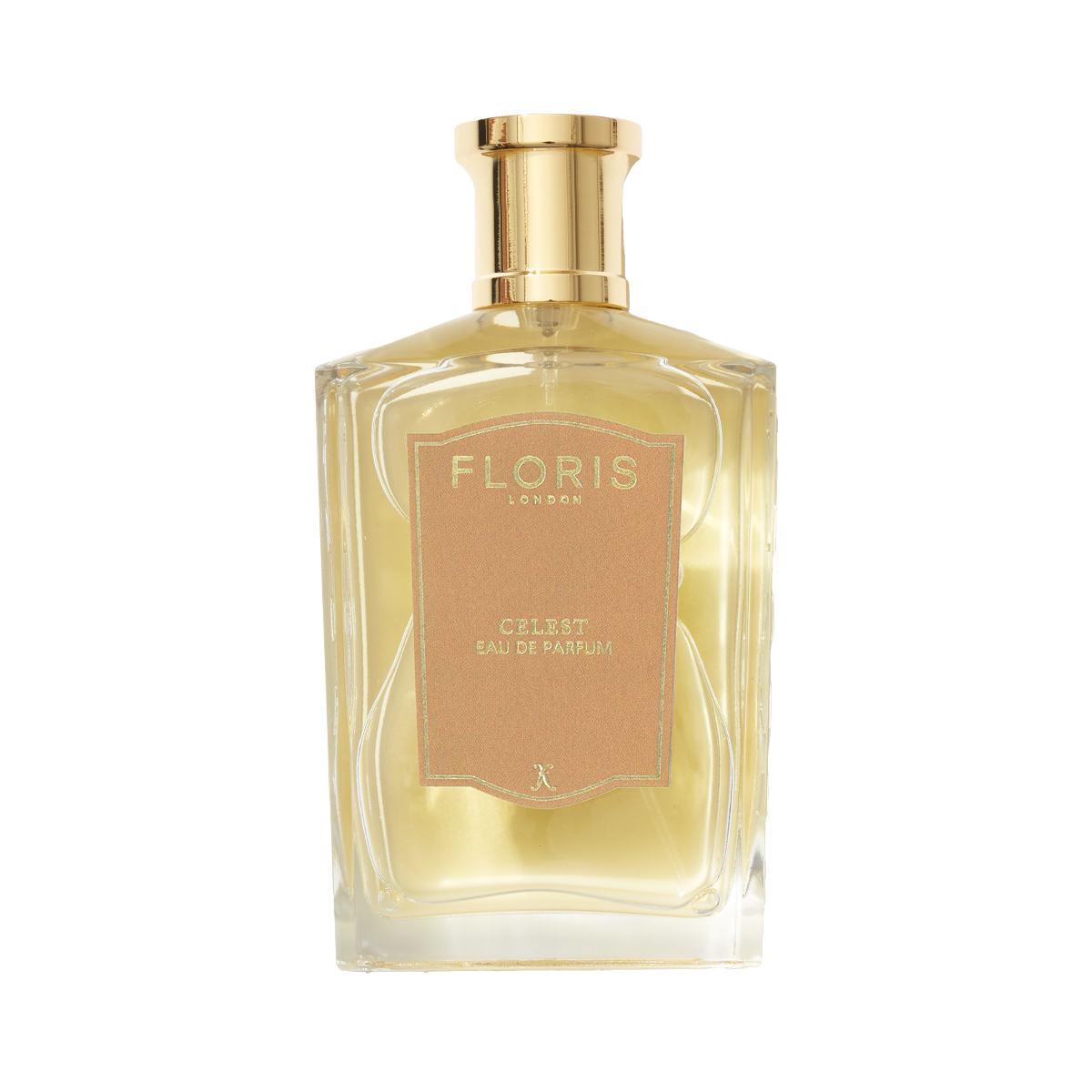 A clear glass bottle of Floris London EU Celest - Eau de Parfum with a gold cap and tan label, filled with light yellow perfume, on a white background.